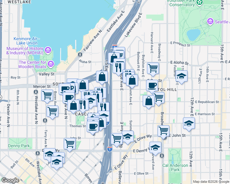 map of restaurants, bars, coffee shops, grocery stores, and more near 530 Melrose Avenue East in Seattle