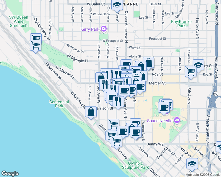 map of restaurants, bars, coffee shops, grocery stores, and more near 520 2nd Avenue West in Seattle