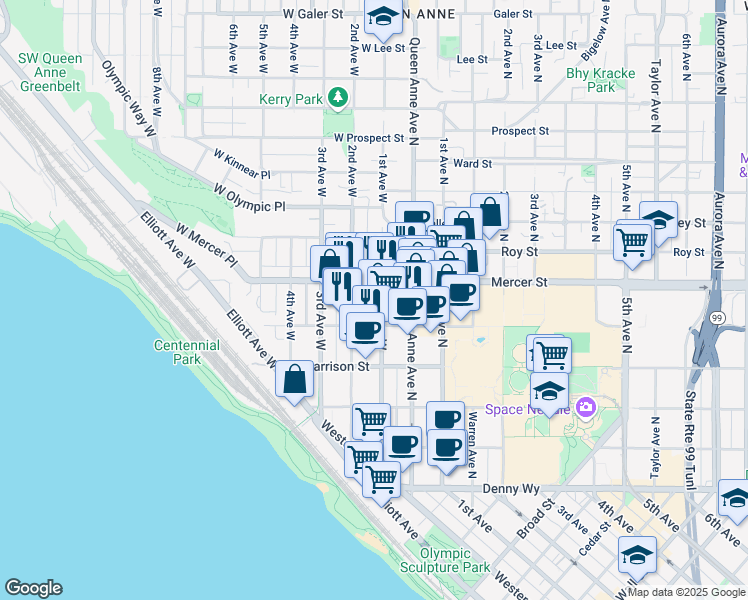 map of restaurants, bars, coffee shops, grocery stores, and more near 525 1st Avenue West in Seattle