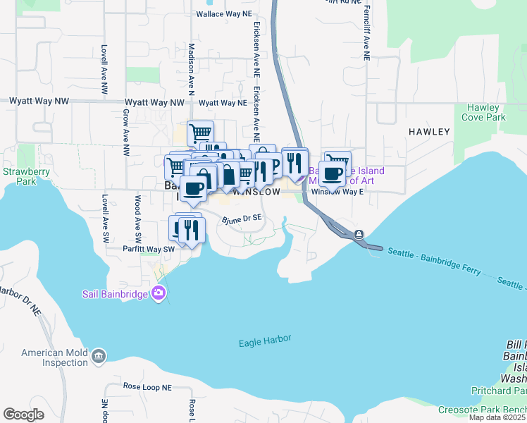 map of restaurants, bars, coffee shops, grocery stores, and more near 521 Bjune Drive Southeast in Bainbridge Island