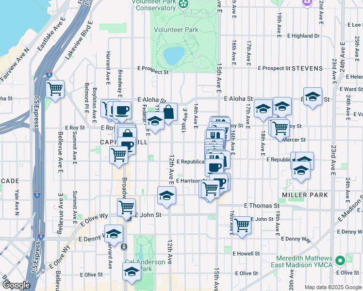 map of restaurants, bars, coffee shops, grocery stores, and more near 515 13th Avenue East in Seattle