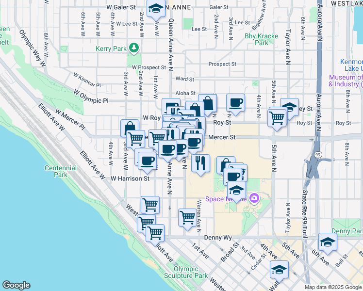 map of restaurants, bars, coffee shops, grocery stores, and more near 527 1st Avenue North in Seattle