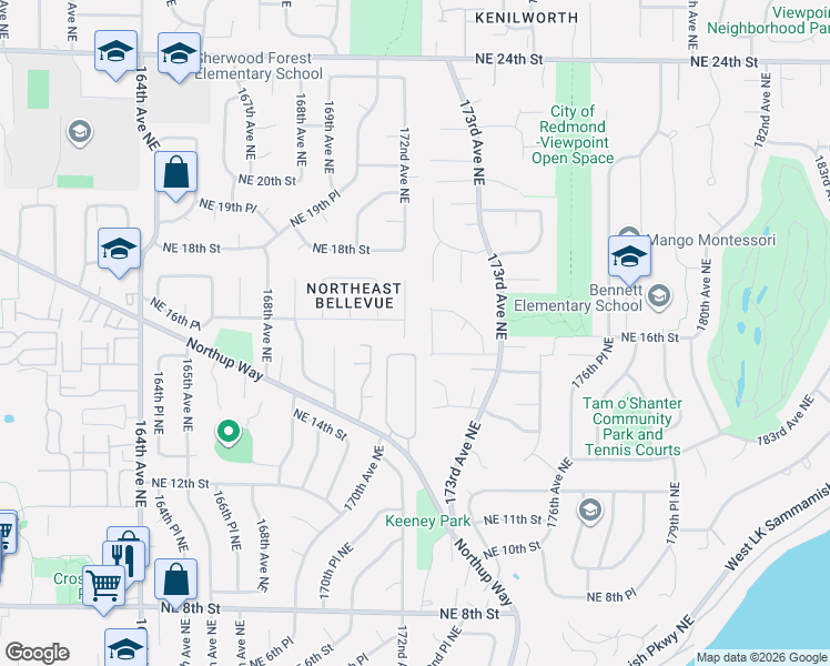 map of restaurants, bars, coffee shops, grocery stores, and more near 17201 Northeast 15th Place in Bellevue