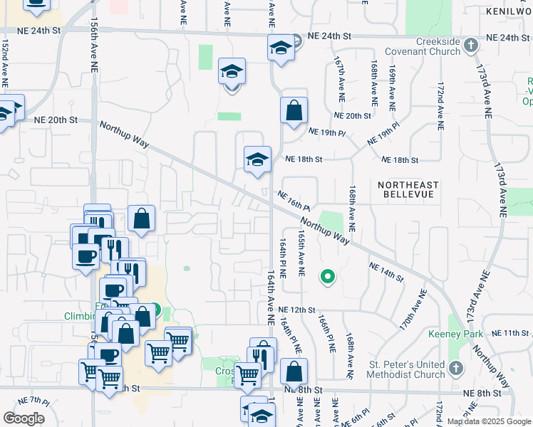 map of restaurants, bars, coffee shops, grocery stores, and more near 1505 164th Avenue Northeast in Bellevue