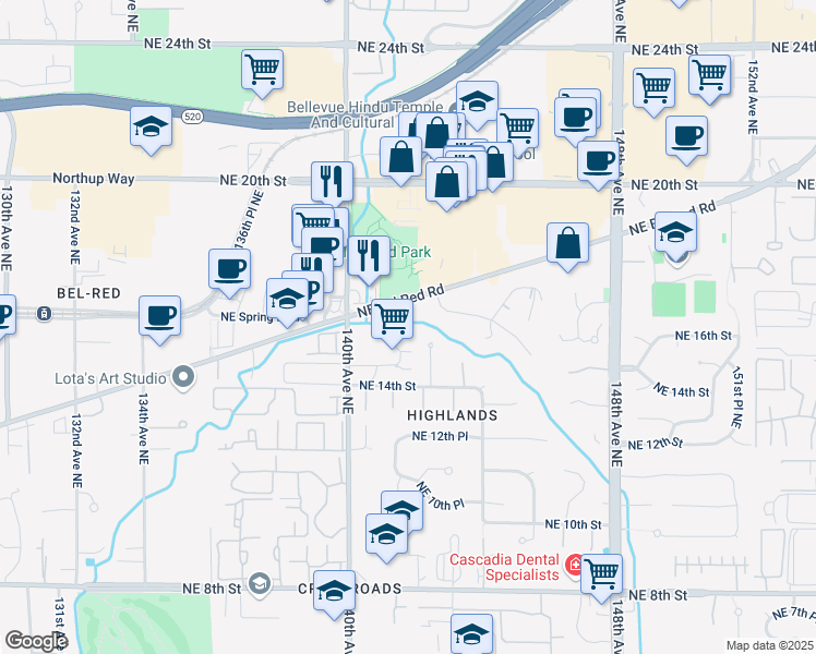 map of restaurants, bars, coffee shops, grocery stores, and more near 1505 143rd Avenue Northeast in Bellevue