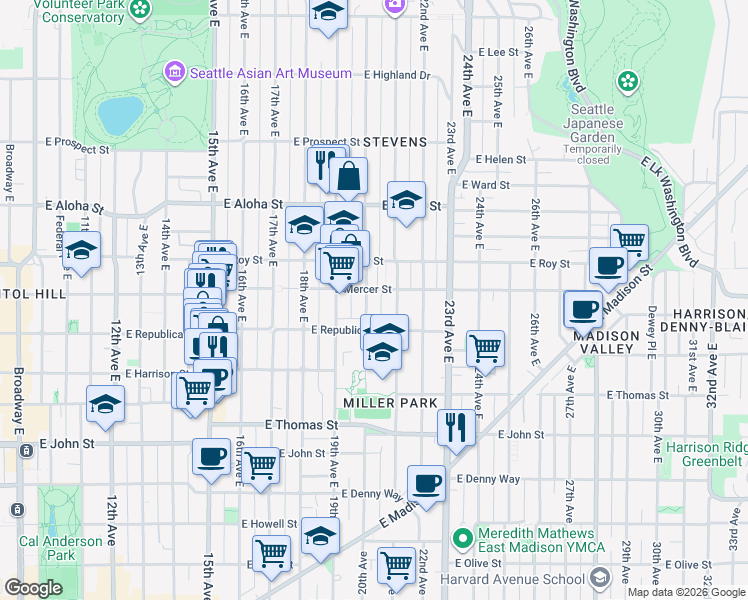 map of restaurants, bars, coffee shops, grocery stores, and more near 506 20th Avenue East in Seattle