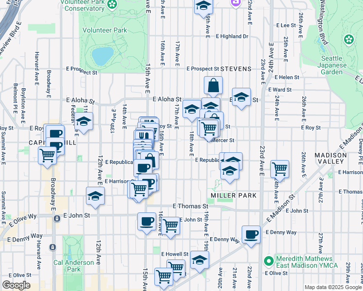 map of restaurants, bars, coffee shops, grocery stores, and more near 513 17th Avenue East in Seattle