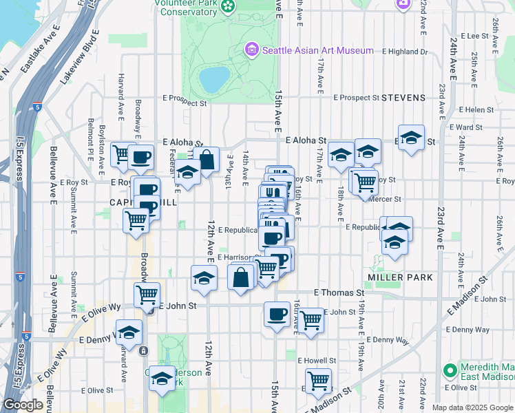 map of restaurants, bars, coffee shops, grocery stores, and more near 512 14th Avenue East in Seattle