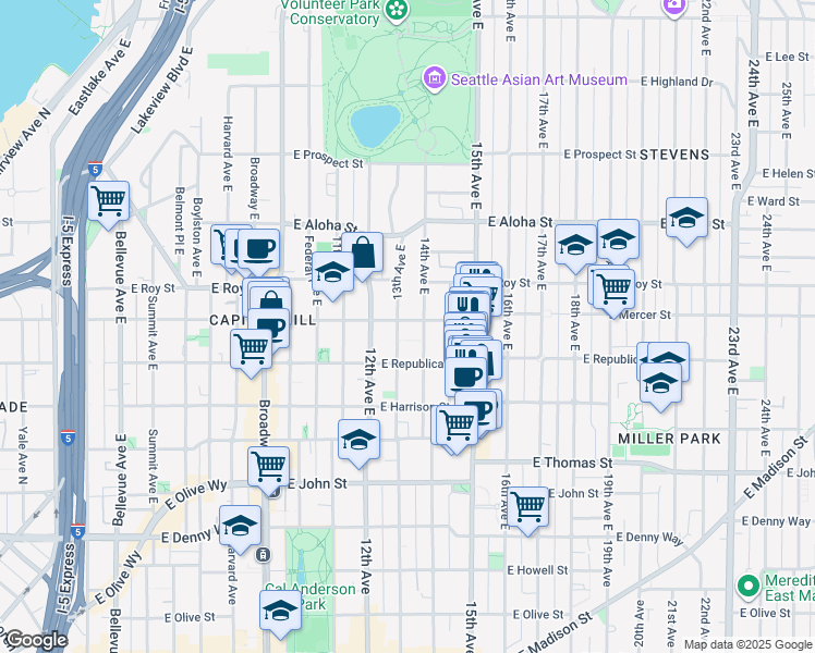 map of restaurants, bars, coffee shops, grocery stores, and more near 515 13th Avenue East in Seattle