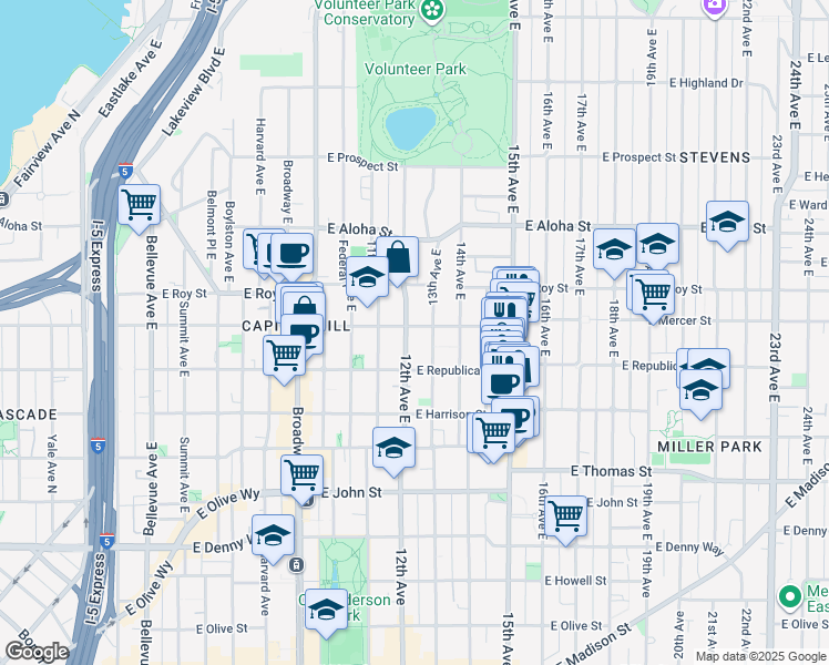 map of restaurants, bars, coffee shops, grocery stores, and more near 515 13th Avenue East in Seattle