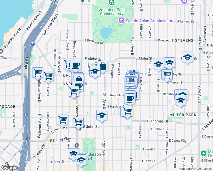 map of restaurants, bars, coffee shops, grocery stores, and more near in Seattle