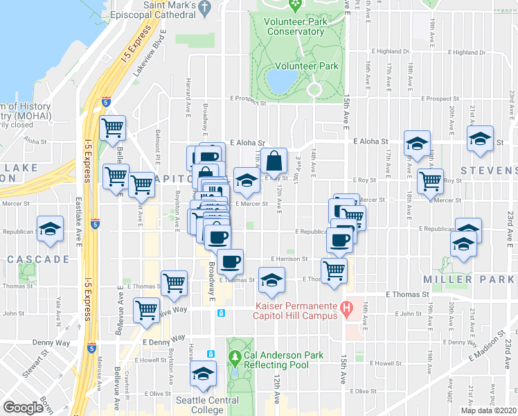 map of restaurants, bars, coffee shops, grocery stores, and more near 510 11th Avenue East in Seattle