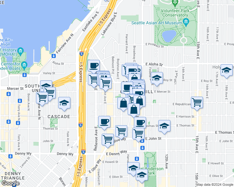 map of restaurants, bars, coffee shops, grocery stores, and more near in Seattle