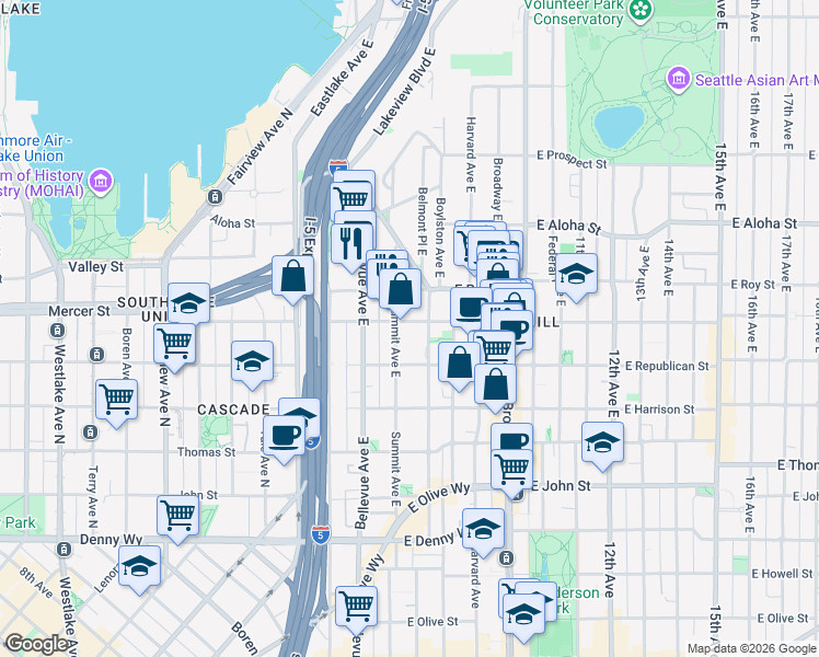 map of restaurants, bars, coffee shops, grocery stores, and more near 508 Summit Avenue East in Seattle
