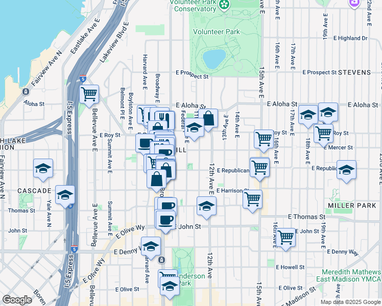 map of restaurants, bars, coffee shops, grocery stores, and more near 524 Federal Avenue East in Seattle