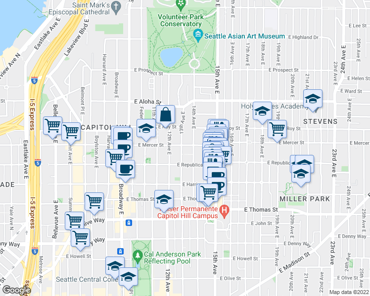 map of restaurants, bars, coffee shops, grocery stores, and more near 1305 East Mercer Street in Seattle