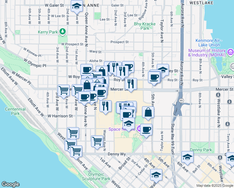 map of restaurants, bars, coffee shops, grocery stores, and more near 201 Mercer Street in Seattle