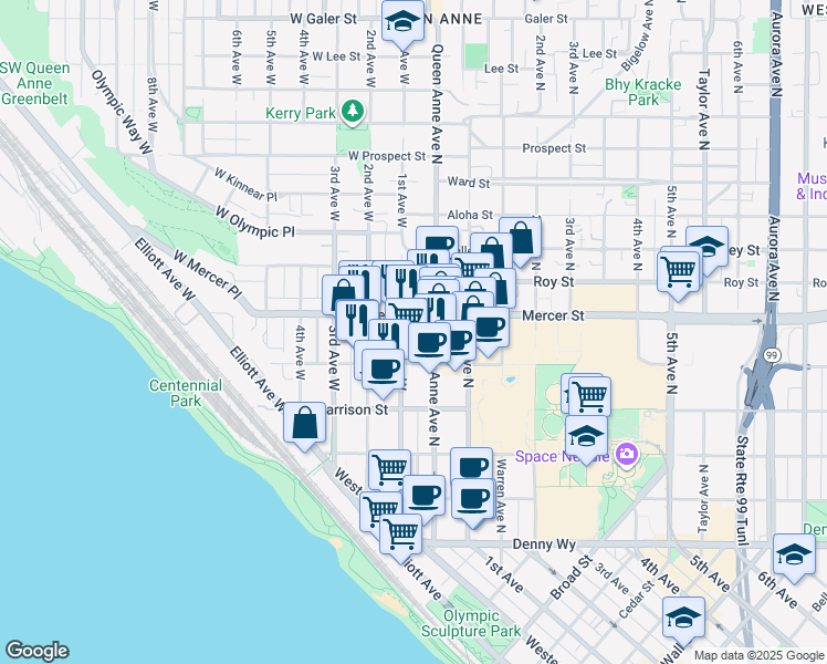 map of restaurants, bars, coffee shops, grocery stores, and more near 516 1st Avenue West in Seattle
