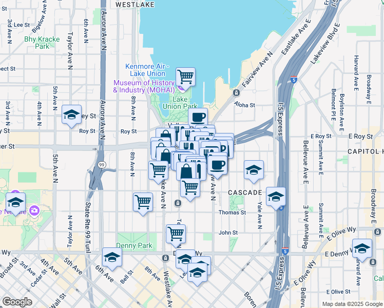 map of restaurants, bars, coffee shops, grocery stores, and more near 551 Boren Avenue North in Seattle