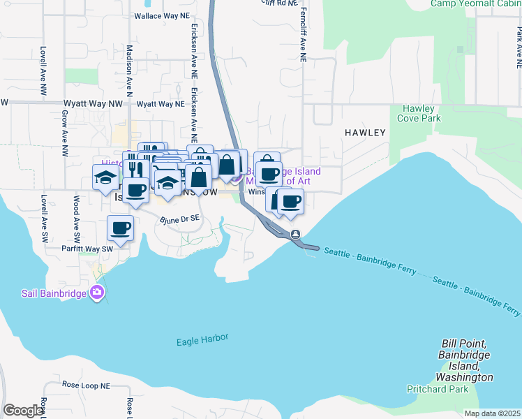 map of restaurants, bars, coffee shops, grocery stores, and more near 220 Olympic Drive Southeast in Bainbridge Island