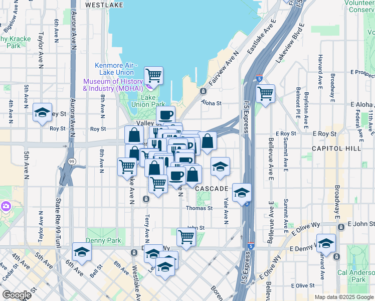map of restaurants, bars, coffee shops, grocery stores, and more near 500 Fairview Avenue North in Seattle