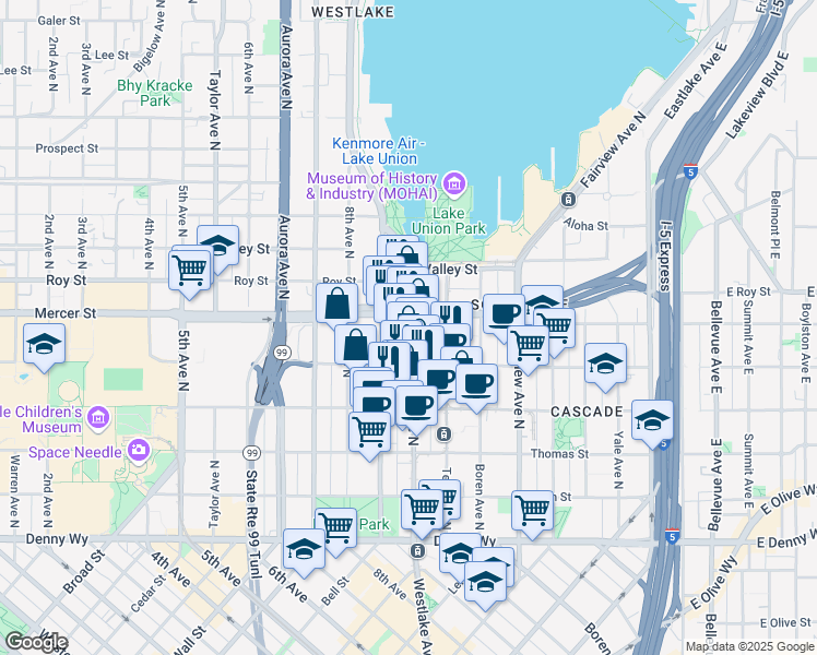 map of restaurants, bars, coffee shops, grocery stores, and more near 515 Westlake Avenue North in Seattle