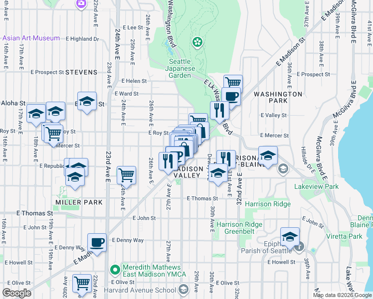 map of restaurants, bars, coffee shops, grocery stores, and more near 2820 East Madison Street in Seattle