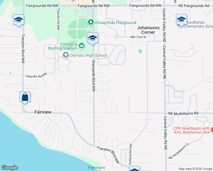 map of restaurants, bars, coffee shops, grocery stores, and more near 6445 Bronco Place Northwest in Bremerton