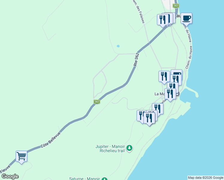 map of restaurants, bars, coffee shops, grocery stores, and more near 470 Côte Bellevue in La Malbaie