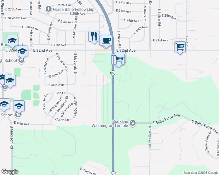 map of restaurants, bars, coffee shops, grocery stores, and more near 3711 Highway 27 in Spokane