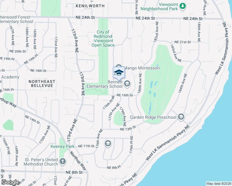 map of restaurants, bars, coffee shops, grocery stores, and more near 1517 179th Avenue Northeast in Bellevue