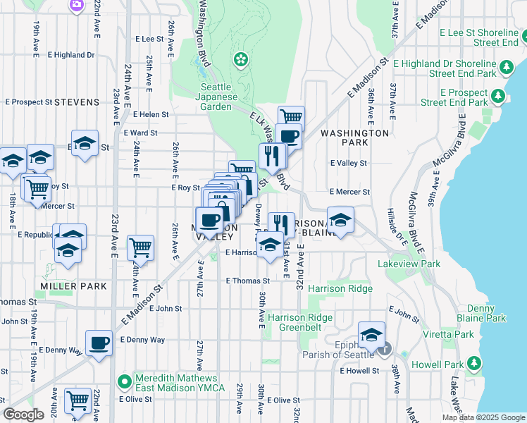 map of restaurants, bars, coffee shops, grocery stores, and more near 432 Dewey Place East in Seattle