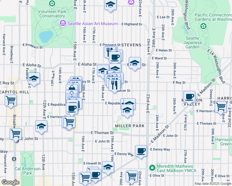 map of restaurants, bars, coffee shops, grocery stores, and more near 506 19th Avenue East in Seattle