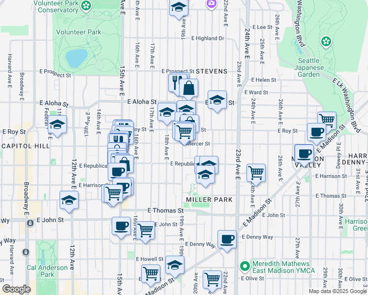 map of restaurants, bars, coffee shops, grocery stores, and more near 506 19th Avenue East in Seattle