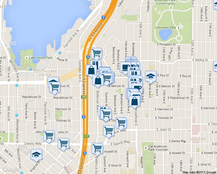 map of restaurants, bars, coffee shops, grocery stores, and more near in Seattle