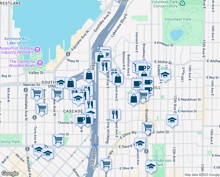 map of restaurants, bars, coffee shops, grocery stores, and more near 510 Bellevue Avenue East in Seattle