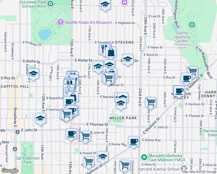 map of restaurants, bars, coffee shops, grocery stores, and more near 506 19th Avenue East in Seattle