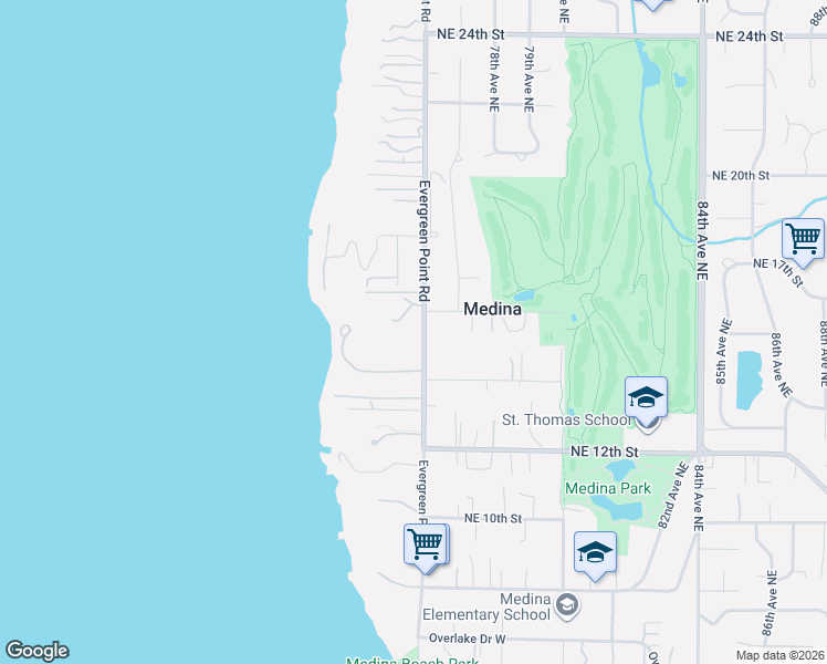 map of restaurants, bars, coffee shops, grocery stores, and more near 1405 Evergreen Point Road in Medina