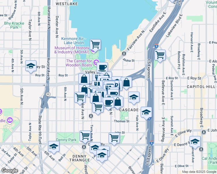 map of restaurants, bars, coffee shops, grocery stores, and more near 527 Fairview Avenue North in Seattle