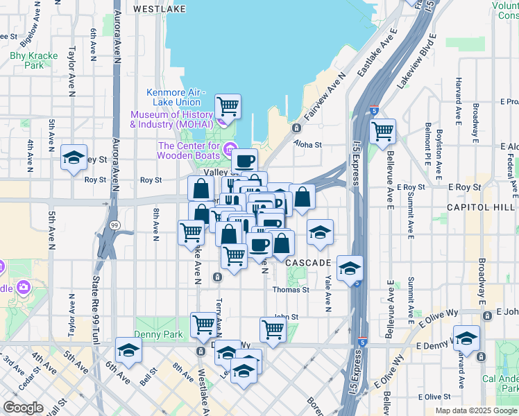 map of restaurants, bars, coffee shops, grocery stores, and more near 527 Fairview Avenue North in Seattle