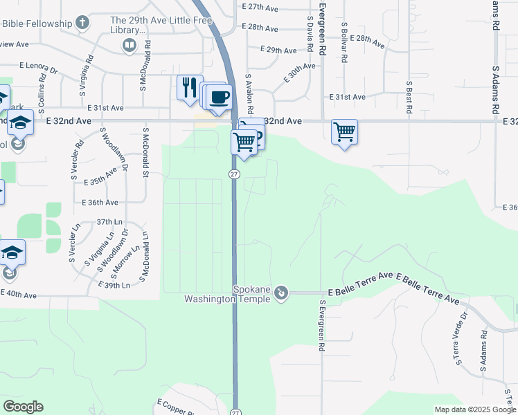 map of restaurants, bars, coffee shops, grocery stores, and more near 3711 Washington 27 in Spokane