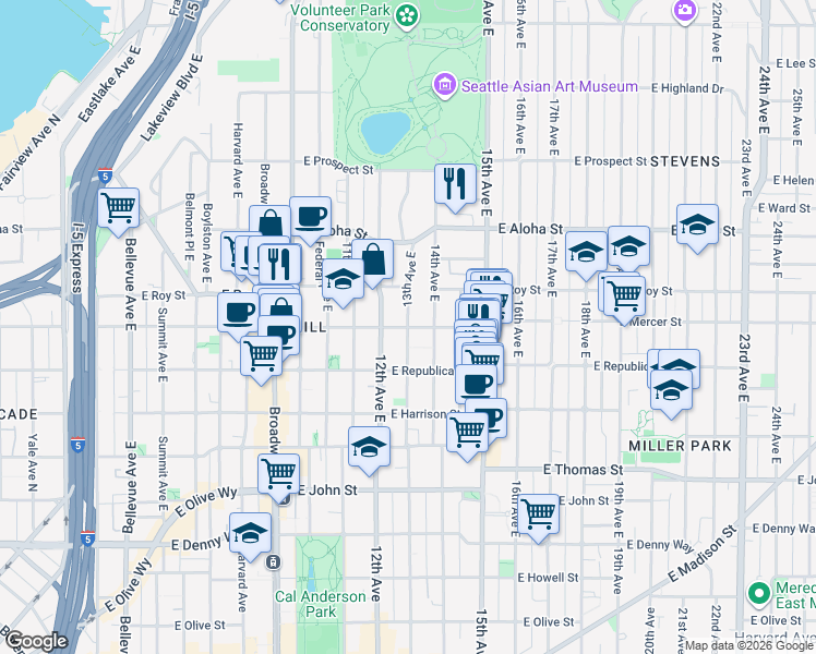 map of restaurants, bars, coffee shops, grocery stores, and more near E Mercer St & 13th Ave E in Seattle