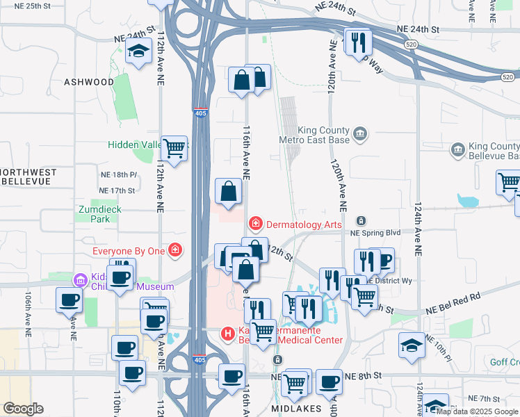 map of restaurants, bars, coffee shops, grocery stores, and more near 1500 116th Avenue Northeast in Bellevue