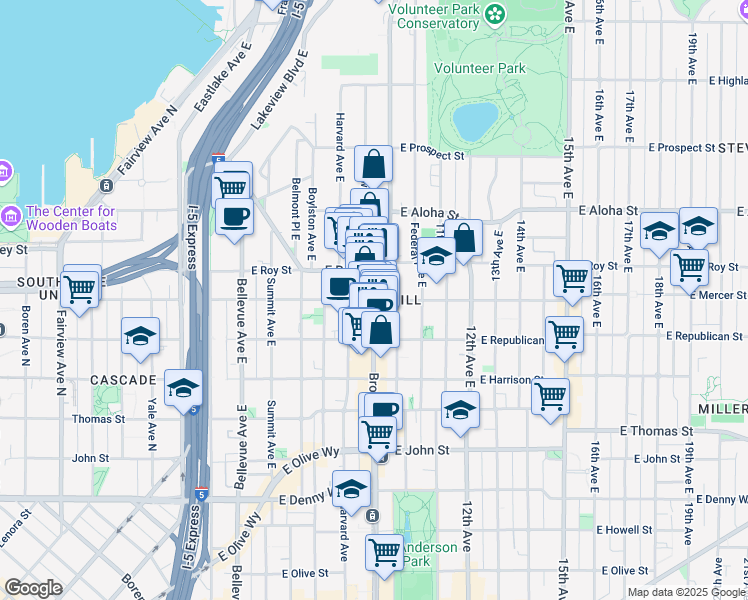 map of restaurants, bars, coffee shops, grocery stores, and more near E Mercer St & Broadway E in Seattle