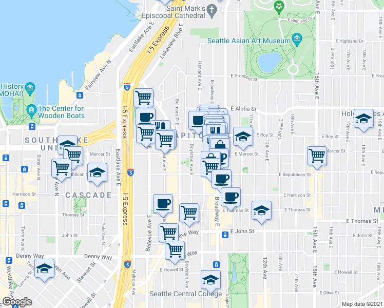 map of restaurants, bars, coffee shops, grocery stores, and more near East Mercer Street & Boylston Avenue East in Seattle