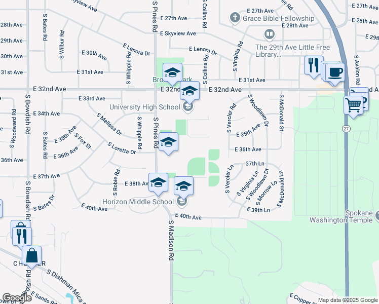 map of restaurants, bars, coffee shops, grocery stores, and more near 12420 East 32nd Avenue in Spokane Valley