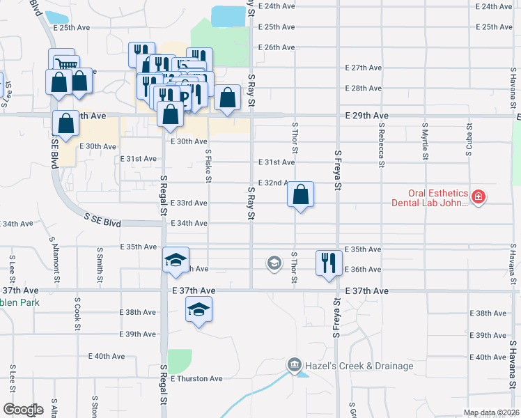 map of restaurants, bars, coffee shops, grocery stores, and more near 3202 East 32nd Avenue in Spokane