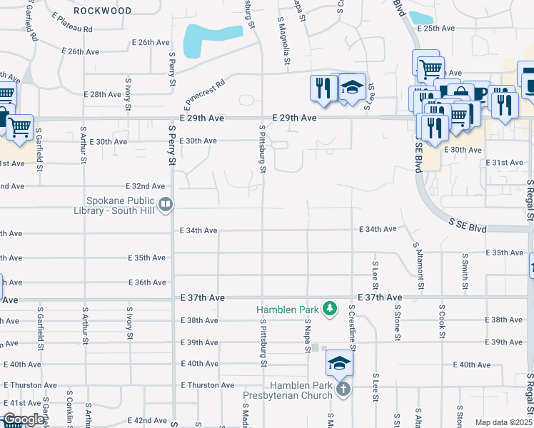 map of restaurants, bars, coffee shops, grocery stores, and more near 1821 East 33rd Avenue in Spokane