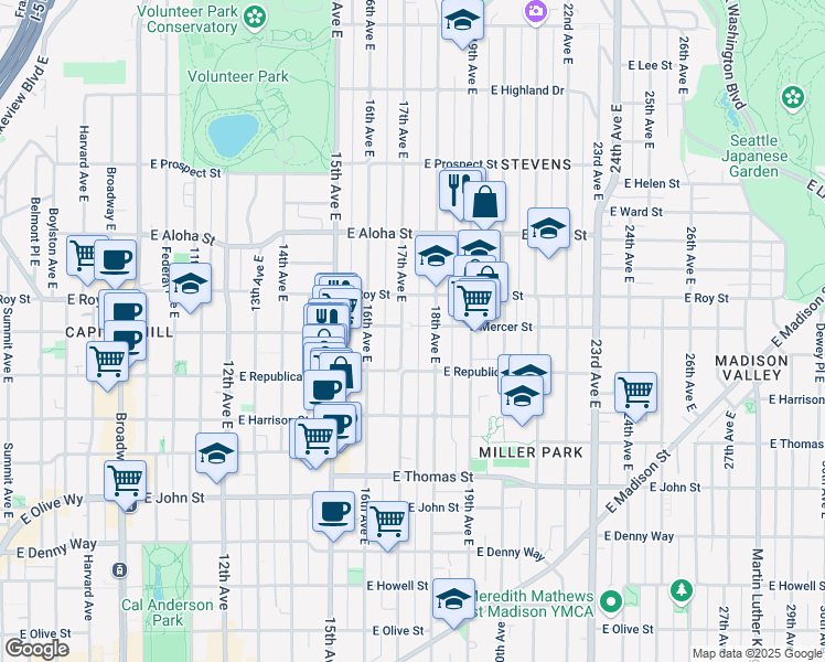 map of restaurants, bars, coffee shops, grocery stores, and more near 618 17th Avenue East in Seattle