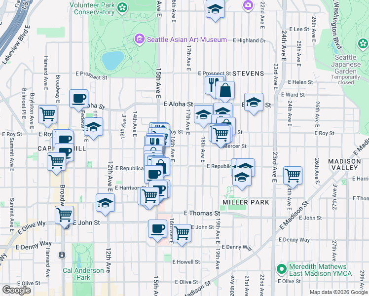 map of restaurants, bars, coffee shops, grocery stores, and more near 618 17th Avenue East in Seattle